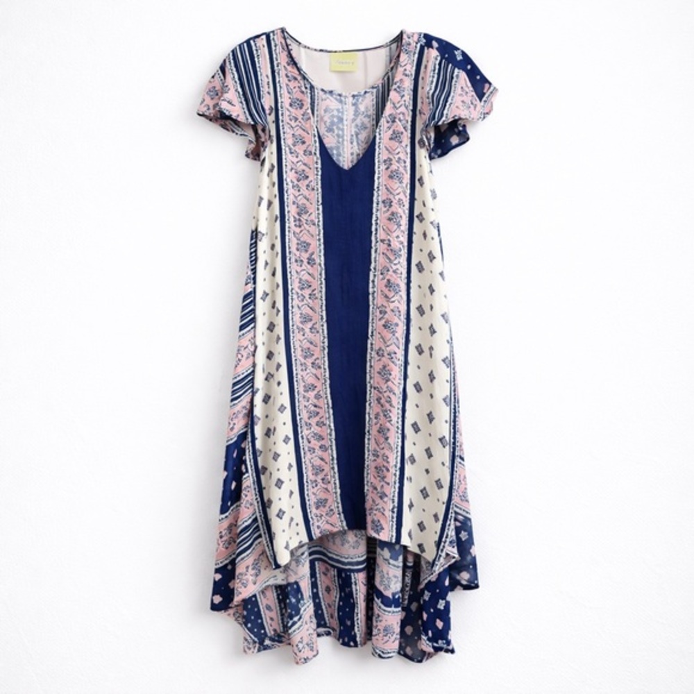 Maeve Anthropologie Boho High Low Maxi Dress | Navy Pink Print | Size Large